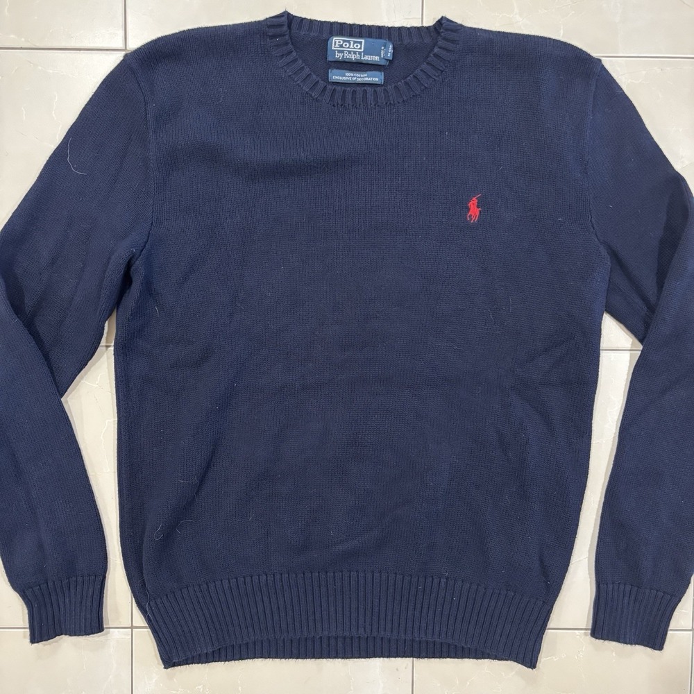 Vintage Polo Ralph Lauren Ribbed Sweater Men's S Cotton Blue Red Pony Pullover